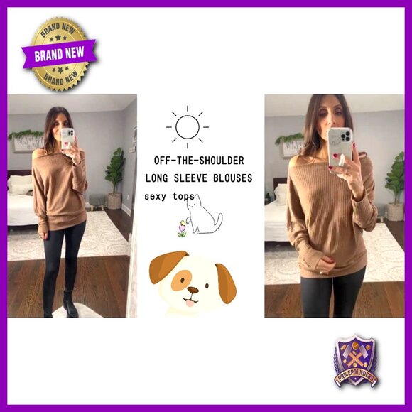 Oversized Off Shoulder Waffle Knit Sweatshirt Tunic Long Sleeve Pullover - Picture 5 of 7